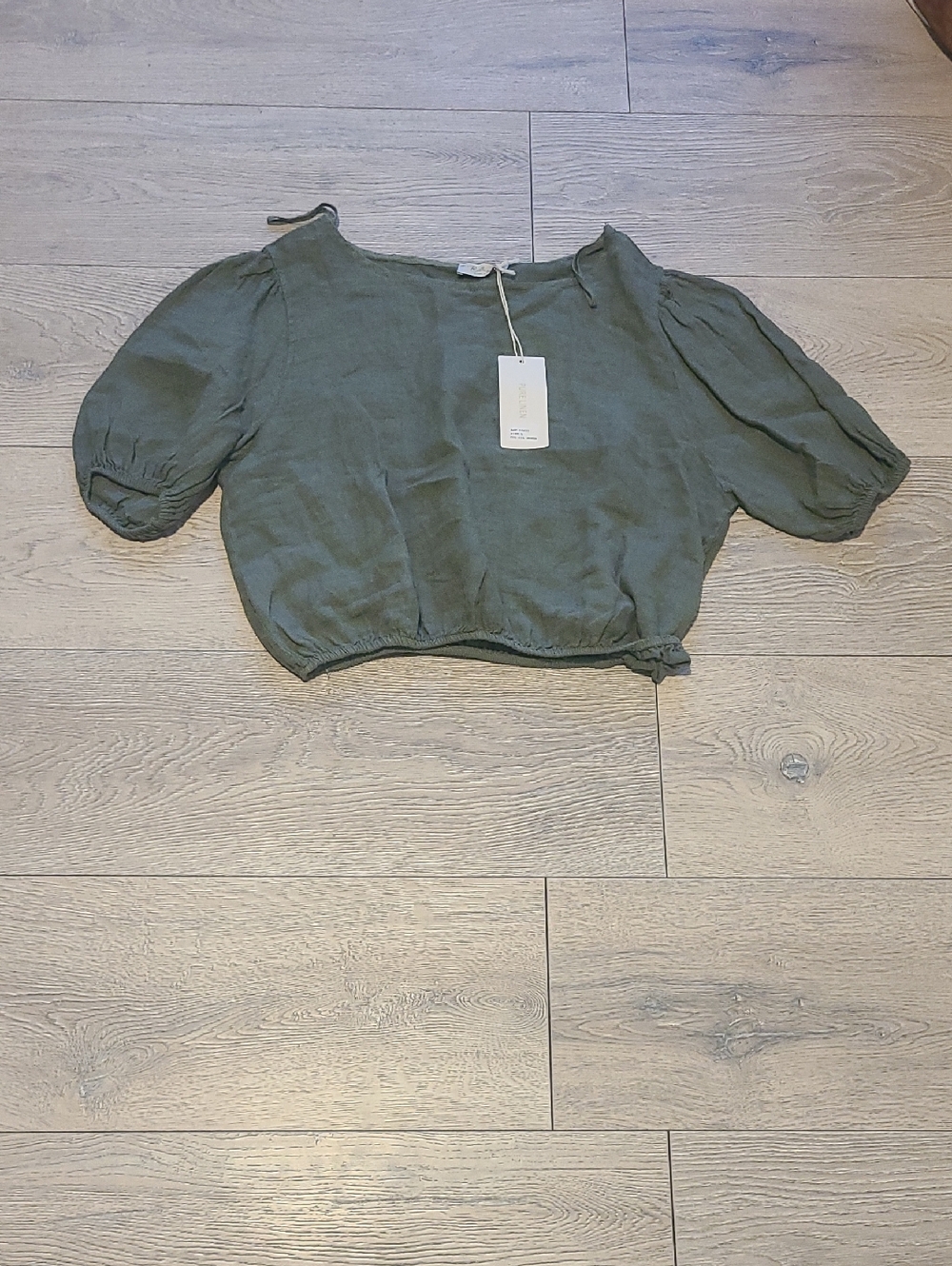 Puff Sleeve Olive Crop Top with Elastic Hem